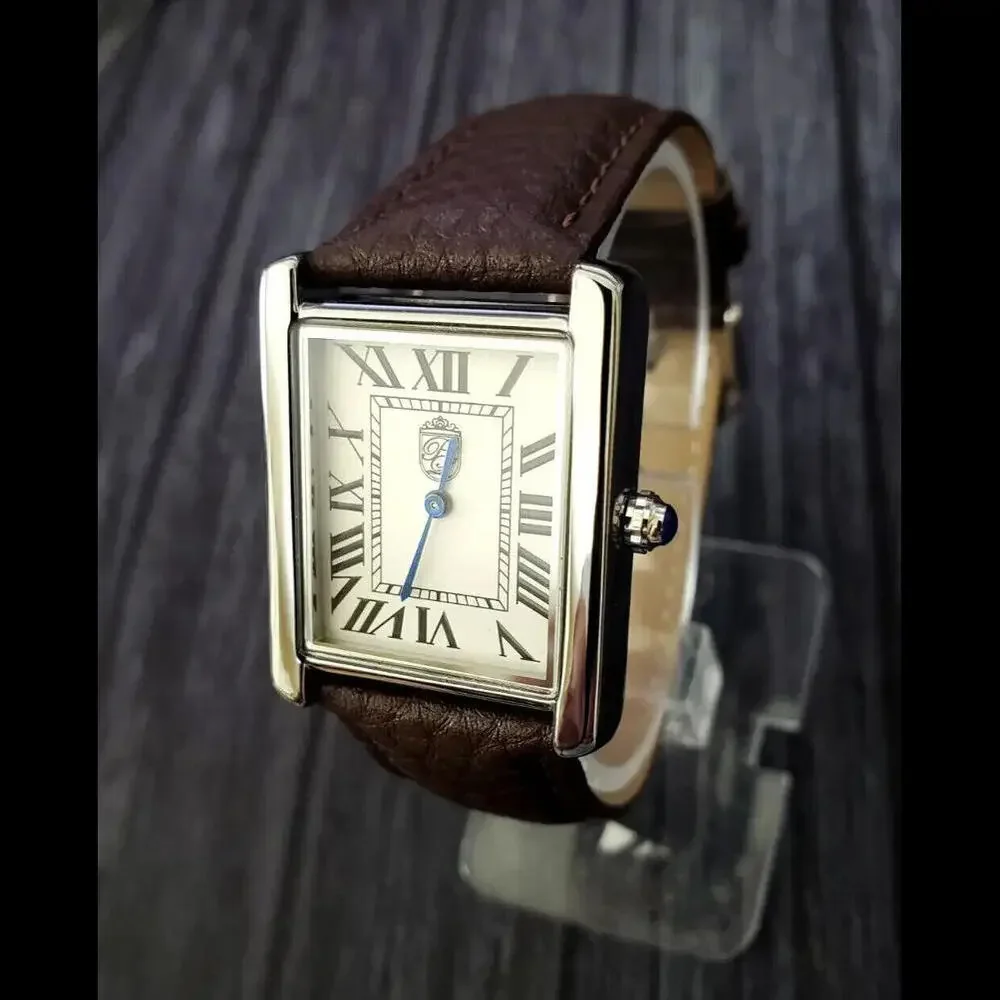 Mens Pierre Lucerne Brown Leather White Dial Tank Watch‎